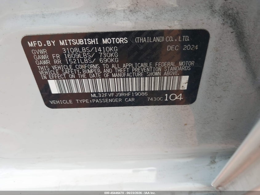 2024 Mitsubishi Mirage VIN ML32FVFJ9RHF19086 IAAI salvage auction — RIGHT REAR, Certificate Of Destruction (Florida), sold $2,500 on 2026-07-16 (photo 9)
