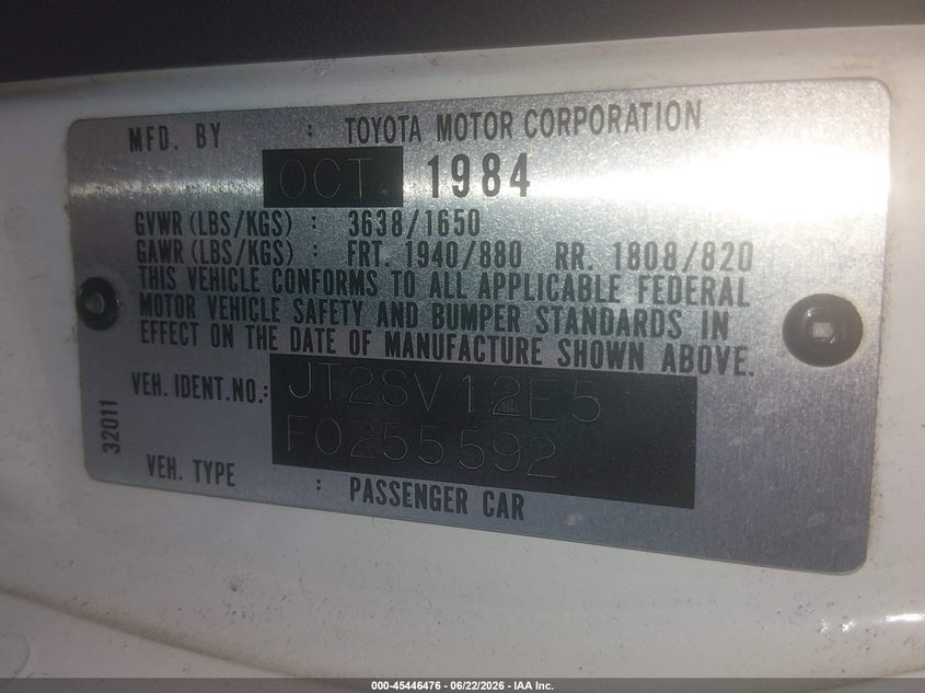1985 Toyota Camry VIN JT2SV12E5F0255592 IAAI salvage auction — NORMAL WEAR, Regular (Nevada), sold $275 on 2026-07-10 (photo 9)
