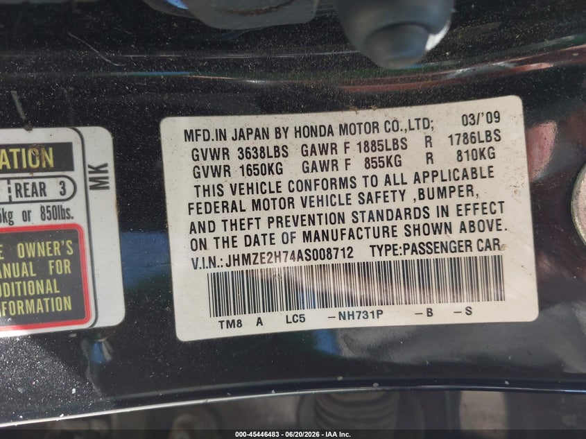 2010 Honda Insight VIN JHMZE2H74AS008712 IAAI salvage auction — NORMAL WEAR, Clear (New Jersey), sold $500 on 2026-07-28 (photo 9)