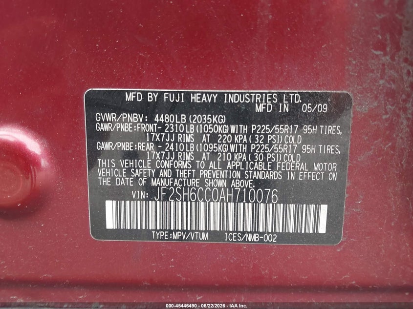 2010 Subaru Forester VIN JF2SH6CC0AH710076 IAAI salvage auction — FRONT END, Salvage (Pennsylvania), sold $400 on 2026-07-24 (photo 9)