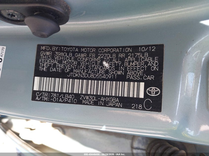 2013 Toyota Prius VIN JTDKN3DU8D5540911 IAAI salvage auction — NORMAL WEAR, Original (Kentucky), sold $1,850 on 2026-07-14 (photo 9)