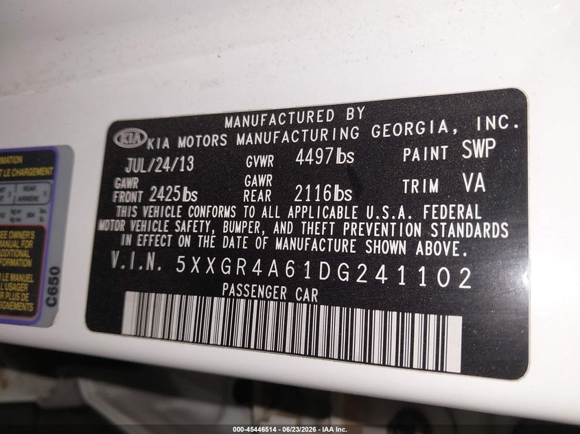 2013 Kia Optima VIN 5XXGR4A61DG241102 IAAI salvage auction — FRONT END, Salvage Title, sold $900 on 2026-07-11 (photo 9)