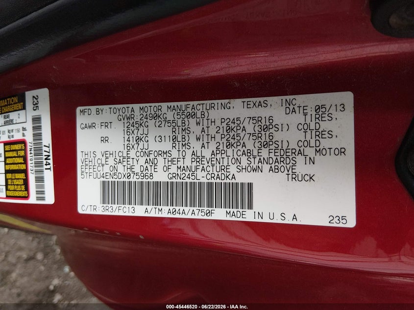 2013 Toyota Tacoma VIN 5TFUU4EN5DX075968 IAAI salvage auction — FRONT END, Salvage (Nebraska), sold $3,550 on 2026-07-30 (photo 9)
