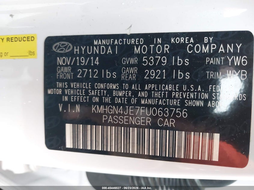2015 Hyundai Genesis VIN KMHGN4JE7FU063756 IAAI salvage auction — REAR END, Salvage - Greater Than 75% (Maryland), sold $2,800 on 2026-07-11 (photo 9)