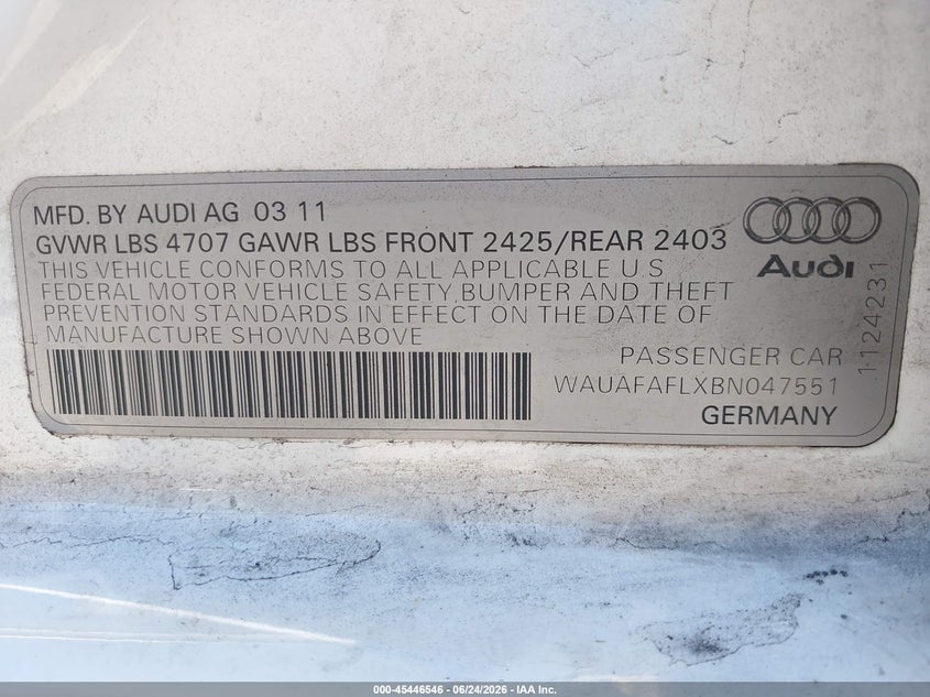 2011 Audi A4 VIN WAUAFAFLXBN047551 IAAI salvage auction — RIGHT FRONT, Salvage (California), sold $25 on 2026-07-28 (photo 9)