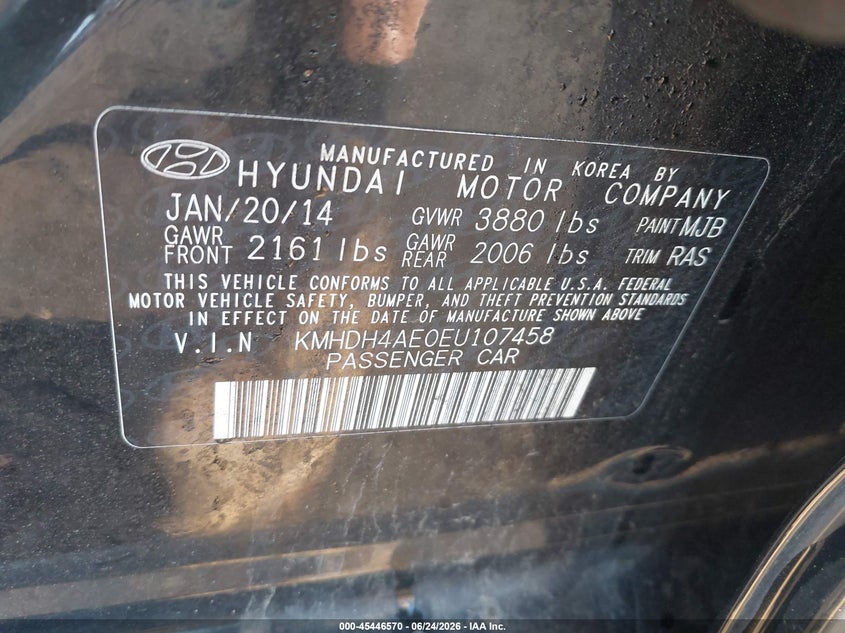 2014 Hyundai Elantra VIN KMHDH4AE0EU107458 IAAI salvage auction — FRONT END, Salvage Title, sold $25 on 2026-07-21 (photo 9)