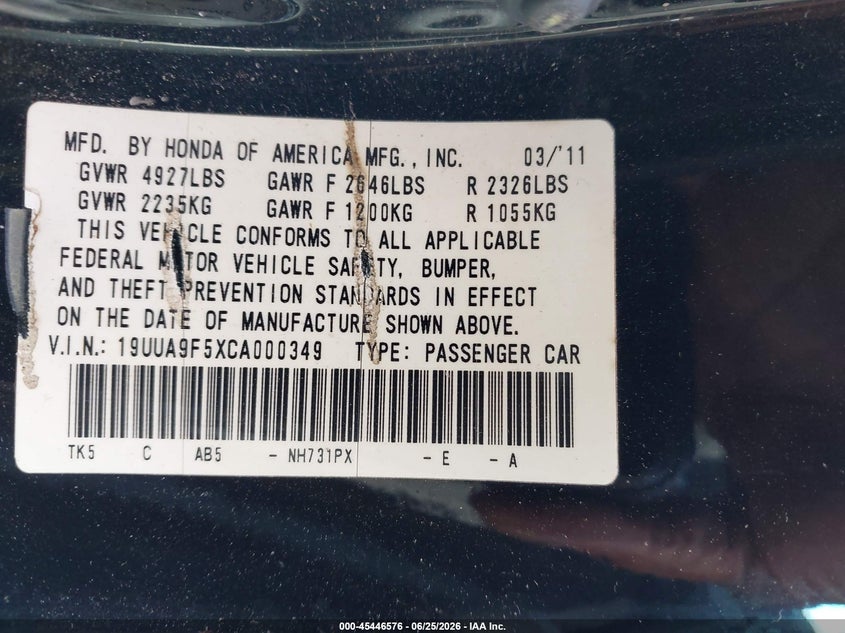 2012 Acura Tl VIN 19UUA9F5XCA000349 IAAI salvage auction — FRONT END, Salvage - Greater Than 75% (Maryland), sold $550 on 2026-07-11 (photo 9)