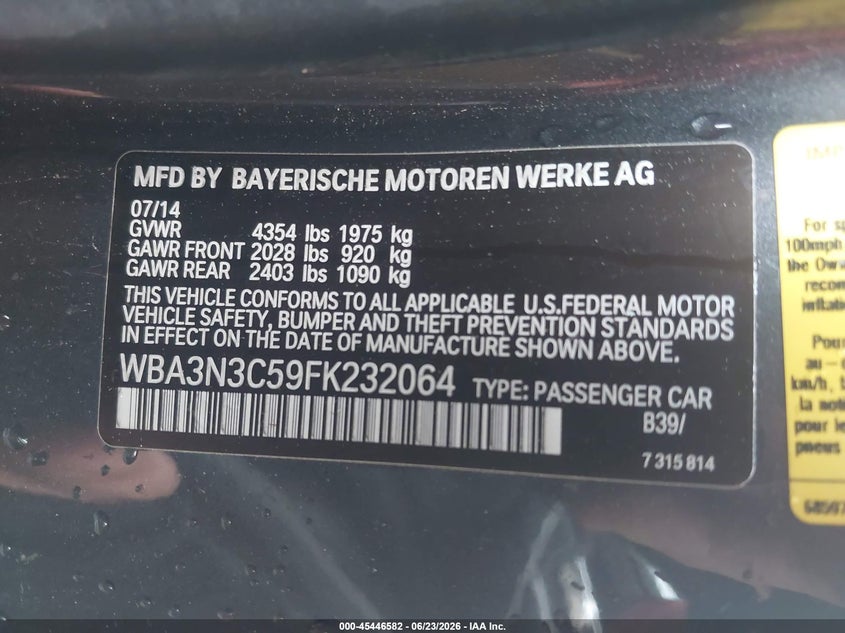 2015 BMW 4er VIN WBA3N3C59FK232064 IAAI salvage auction — UNKNOWN, Salvage (Massachusetts), sold $25 on 2026-07-24 (photo 9)