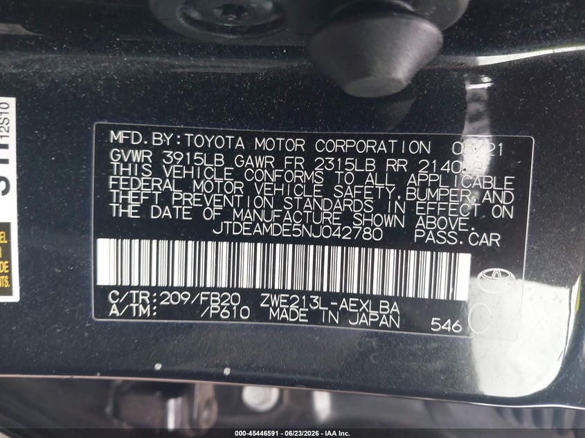 2022 Toyota Corolla VIN JTDEAMDE5NJ042780 IAAI salvage auction — LEFT SIDE, Salvage Title, sold $4,550 on 2026-07-29 (photo 9)