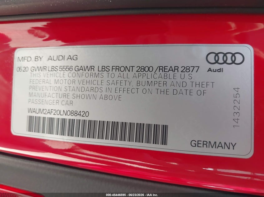 2020 Audi A6 VIN WAUM2AF20LN088420 IAAI salvage auction — FRONT & REAR, Salvage (Texas), sold $10,950 on 2026-07-14 (photo 9)