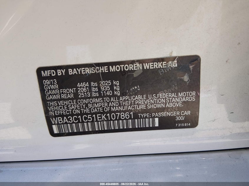 2014 BMW VIN WBA3C1C51EK107861 IAAI salvage auction — RIGHT FRONT, Salvage Title, sold $400 on 2026-07-29 (photo 9)