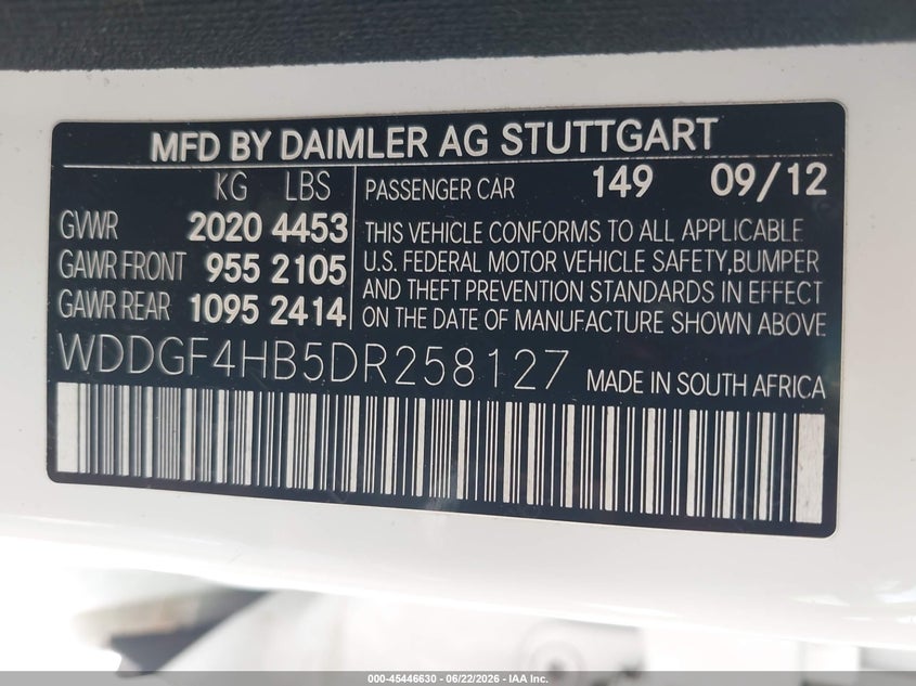 2013 Mercedes-benz VIN WDDGF4HB5DR258127 IAAI salvage auction — UNKNOWN, Salvage (North Carolina), sold $1,200 on 2026-07-13 (photo 9)