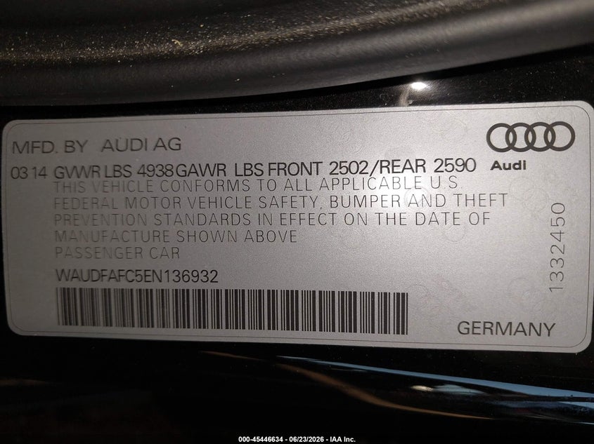2014 Audi A6 VIN WAUDFAFC5EN136932 IAAI salvage auction — FRONT END, Salvage (Arizona), sold $325 on 2026-07-28 (photo 9)