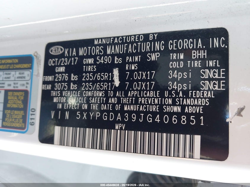 2018 Kia Sorento VIN 5XYPGDA39JG406851 IAAI salvage auction — NORMAL WEAR, Clear - Dealer Only (California), sold $3,025 on 2026-07-29 (photo 9)