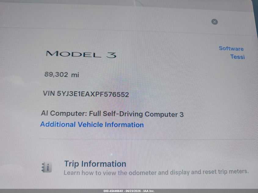 2023 Tesla Model 3 VIN 5YJ3E1EAXPF576552 IAAI salvage auction — FRONT END, Salvage (Indiana), sold $7,800 on 2026-07-19 (photo 7)