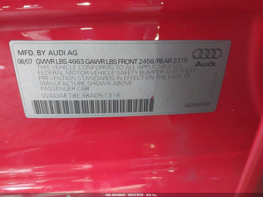 2008 Audi A4 VIN WAUAF78E38A051314 IAAI salvage auction — FRONT END, Rebuildable (Florida), sold $575 on 2026-07-07 (photo 9)