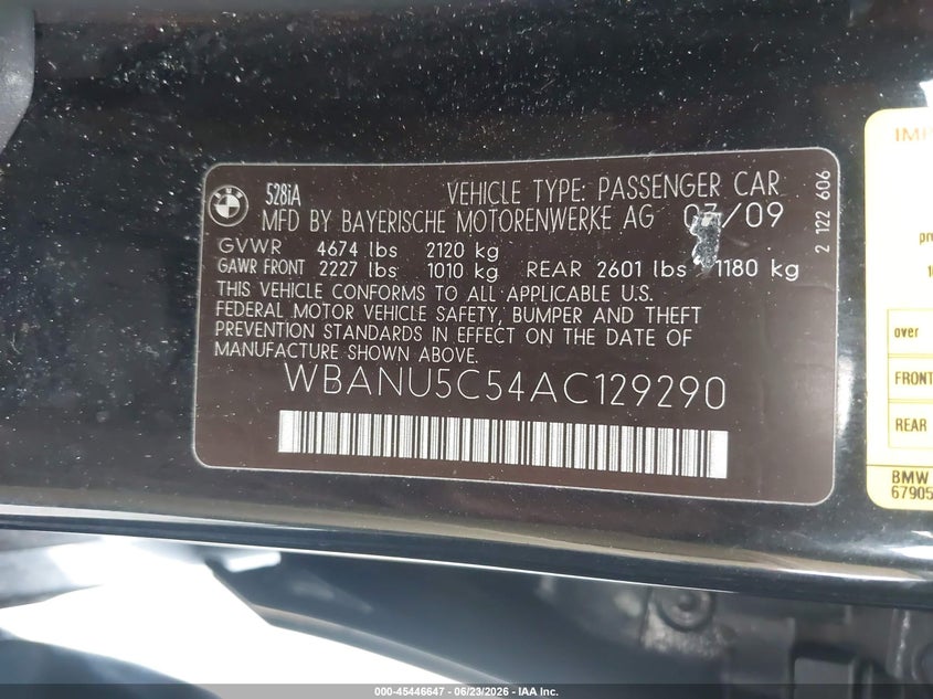 2010 BMW 5er VIN WBANU5C54AC129290 IAAI salvage auction — FRONT END, Salvage (California), sold $800 on 2026-07-13 (photo 9)
