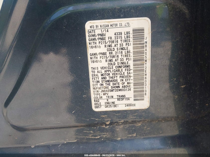 2014 Nissan Rogue VIN JN8AS5MT2EW603136 IAAI salvage auction — FRONT END, Salvage (Georgia), sold $700 on 2026-07-31 (photo 9)
