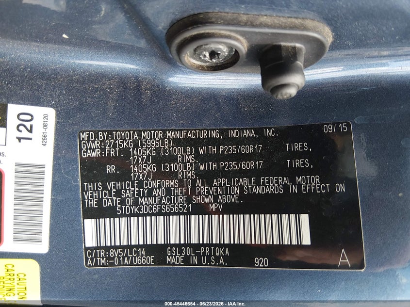 2015 Toyota Sienna VIN 5TDYK3DC6FS656521 IAAI salvage auction — REAR END, Salvage (Tennessee), sold $2,750 on 2026-07-23 (photo 9)