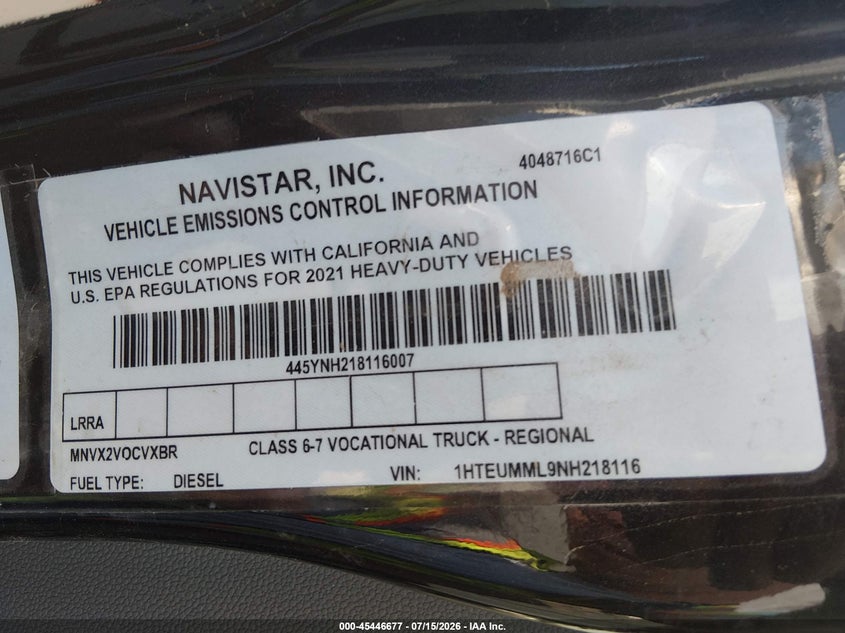 2022 International VIN 1HTEUMML9NH218116 IAAI salvage auction — THEFT, Wait Title, sold $45,400 on 2026-08-11 (photo 8)