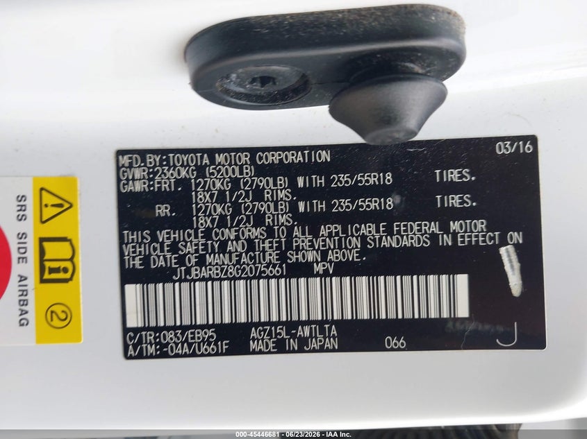 2016 Lexus Nx VIN JTJBARBZ8G2075661 IAAI salvage auction — FRONT END, Clear (Oklahoma), sold $9,200 on 2026-08-01 (photo 9)