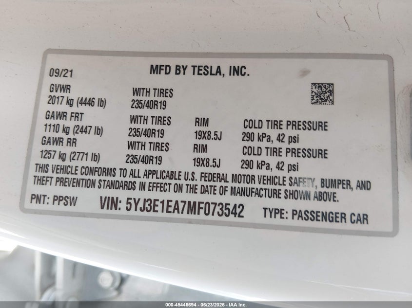 2021 Tesla Model 3 VIN 5YJ3E1EA7MF073542 IAAI salvage auction — FRONT END, Salvage (Kansas), sold $9,150 on 2026-09-02 (photo 9)