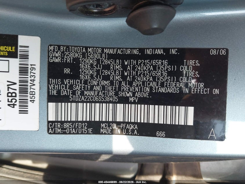 2006 Toyota Sienna VIN 5TDZA22C06S538405 IAAI salvage auction — NORMAL WEAR, Clear (Maryland), sold $1,725 on 2026-07-07 (photo 9)