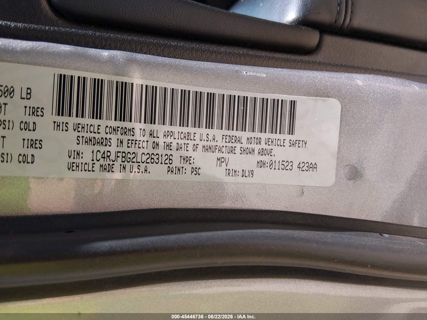 2020 Jeep Grand cherokee VIN 1C4RJFBG2LC263126 IAAI salvage auction — LEFT FRONT, Salvage Title, sold $7,125 on 2026-07-29 (photo 9)