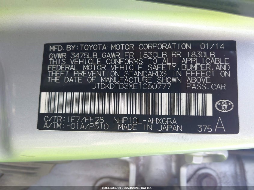 2014 Toyota Prius c VIN JTDKDTB3XE1060777 IAAI salvage auction — NORMAL WEAR, Clear (New York), sold $1,000 on 2026-07-23 (photo 9)