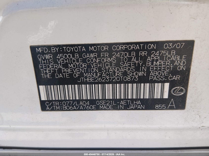 2007 Lexus Is 350 VIN JTHBE262372010873 IAAI salvage auction — SIDE, Repossessed (Missouri), sold $500 on 2026-07-20 (photo 9)