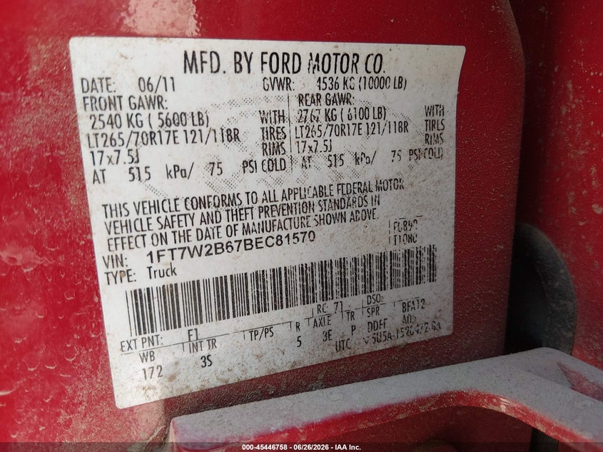 2011 Ford F-550 super duty VIN 1FT7W2B67BEC81570 IAAI salvage auction — REAR END, Nrc Lienholder Repossession Paperwork (Texas), sold $4,200 on 2026-07-08 (photo 9)