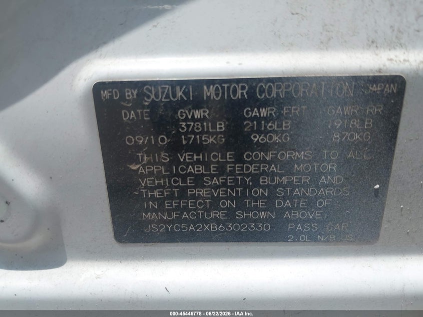 2011 Suzuki Sx4 VIN JS2YC5A2XB6302330 IAAI salvage auction — UNKNOWN, Original (Texas), sold $325 on 2026-07-29 (photo 9)