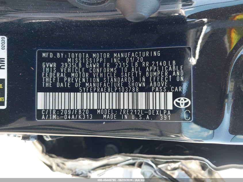 2020 Toyota Corolla VIN 5YFEPRAE8LP103788 IAAI salvage auction — LEFT SIDE, Salvage Title, sold $4,700 on 2026-07-23 (photo 9)
