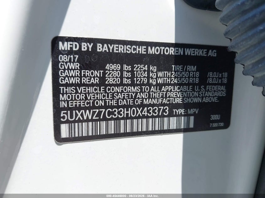 2017 BMW X3 VIN 5UXWZ7C33H0X43373 IAAI salvage auction — FRONT END, Salvage (California), sold $3,000 on 2026-07-09 (photo 9)