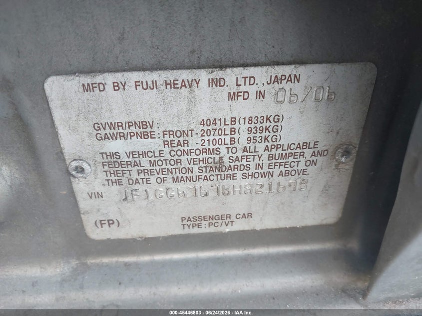 2006 Subaru Impreza VIN JF1GG67676H821698 IAAI salvage auction — NORMAL WEAR, Clear (North Carolina), sold $100 on 2026-07-31 (photo 9)