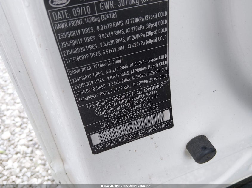 2011 Land rover Range rover sport VIN SALSK2D43BA266162 IAAI salvage auction — NORMAL WEAR, Clear (Alabama), sold $350 on 2026-07-23 (photo 9)