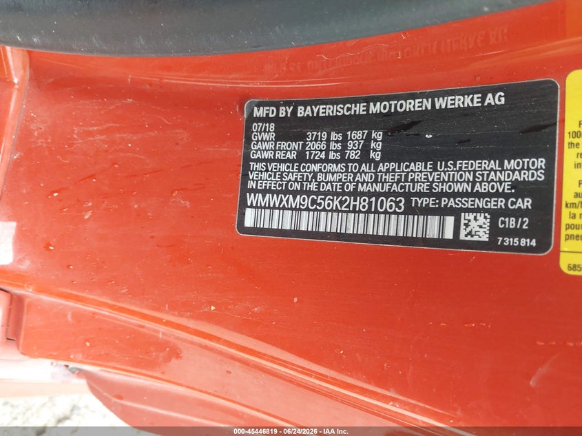 2019 Mini Hard top VIN WMWXM9C56K2H81063 IAAI salvage auction — SIDE, Junk Bill Of Sale Mv2459 (Wisconsin), sold $1,825 on 2026-07-21 (photo 9)