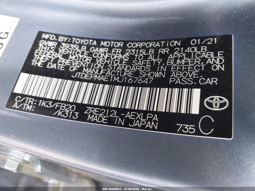 2021 Toyota Corolla VIN JTDEPMAE1MJ167647 IAAI salvage auction — FRONT END, Salvage Title, sold $3,050 on 2026-07-21 (photo 9)