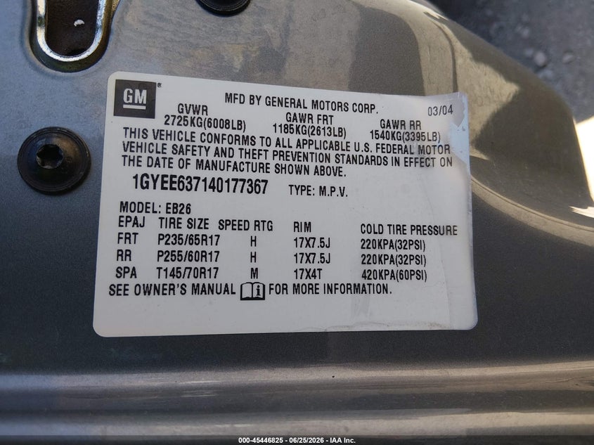 2004 Cadillac Srx VIN 1GYEE637140177367 IAAI salvage auction — FRONT END, Salvage (Nevada), sold $25 on 2026-07-17 (photo 9)