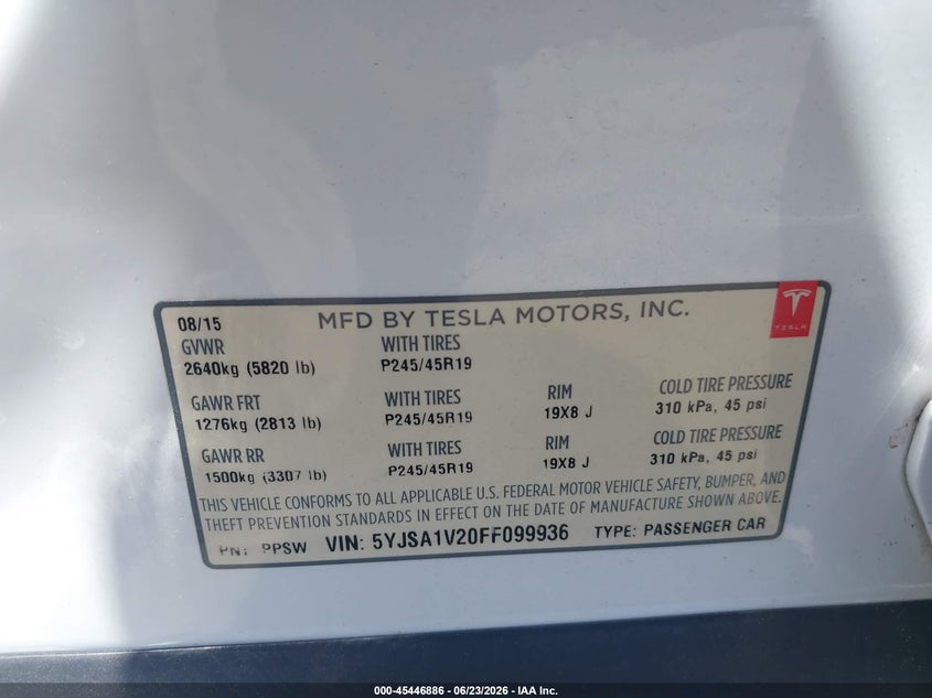2015 Tesla Model s VIN 5YJSA1V20FF099936 IAAI salvage auction — FRONT END, Salvage (California), sold $2,950 on 2026-07-16 (photo 9)