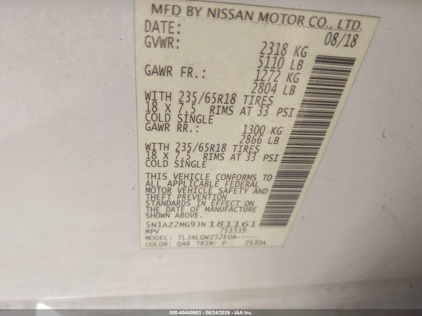 2018 Nissan Murano VIN 5N1AZ2MG9JN181161 IAAI salvage auction — FRONT END, Salvage (Texas), sold $2,450 on 2026-07-09 (photo 9)
