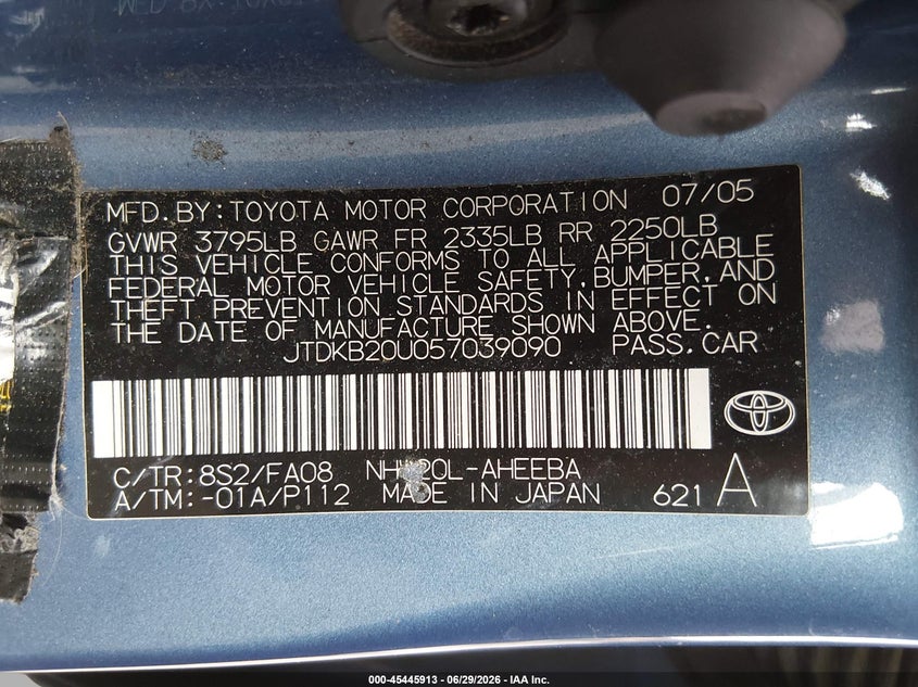 2005 Toyota Prius VIN JTDKB20U057039090 IAAI salvage auction — LEFT REAR, Salvage (California), sold $500 on 2026-07-08 (photo 9)
