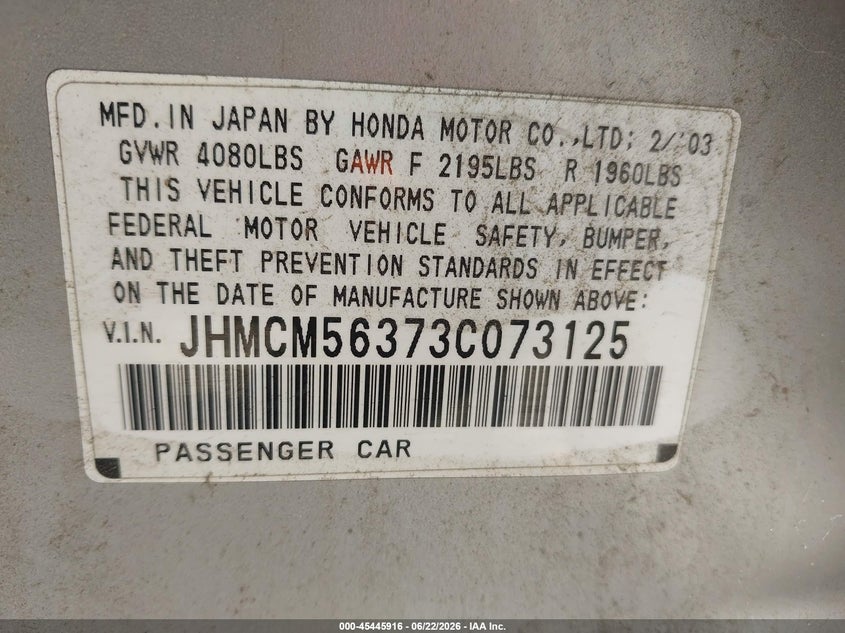 2003 Honda Accord VIN JHMCM56373C073125 IAAI salvage auction — NORMAL WEAR, Clear - Dealer Only (California), sold $275 on 2026-07-21 (photo 9)