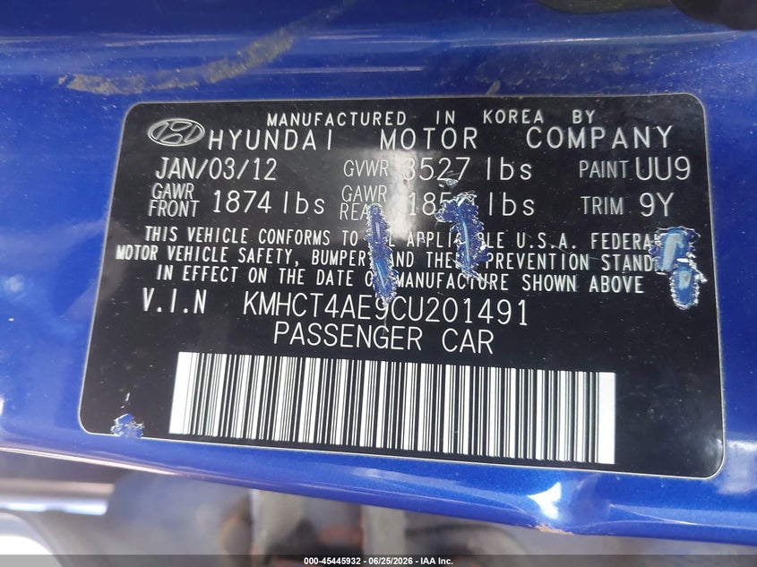 2012 Hyundai Accent VIN KMHCT4AE9CU201491 IAAI salvage auction — NORMAL WEAR, Original (Ohio), sold $700 on 2026-07-14 (photo 9)