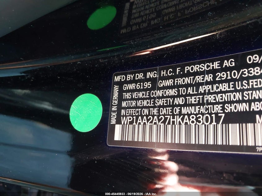 2017 Porsche Cayenne VIN WP1AA2A27HKA83017 IAAI salvage auction — ALL OVER, Clear (New Jersey), sold $3,700 on 2026-07-13 (photo 9)