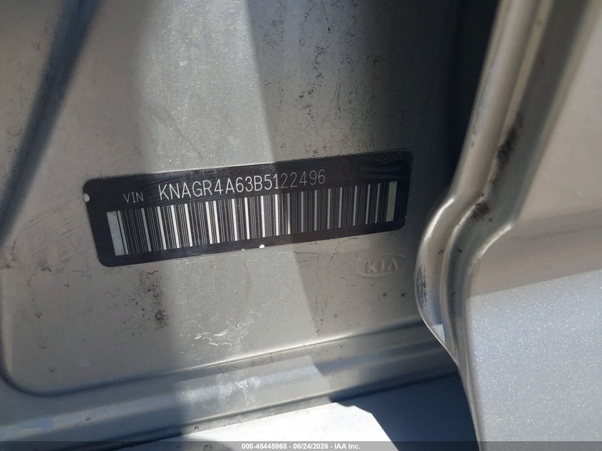 2011 Kia Optima VIN KNAGR4A63B5122496 IAAI salvage auction — FRONT END, Clear (Virginia), sold $500 on 2026-07-28 (photo 9)