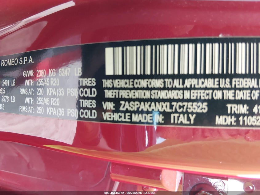 2020 Alfa romeo Stelvio VIN ZASPAKANXL7C75525 IAAI salvage auction — LEFT FRONT, Salvage Title, sold $6,300 on 2026-07-31 (photo 9)