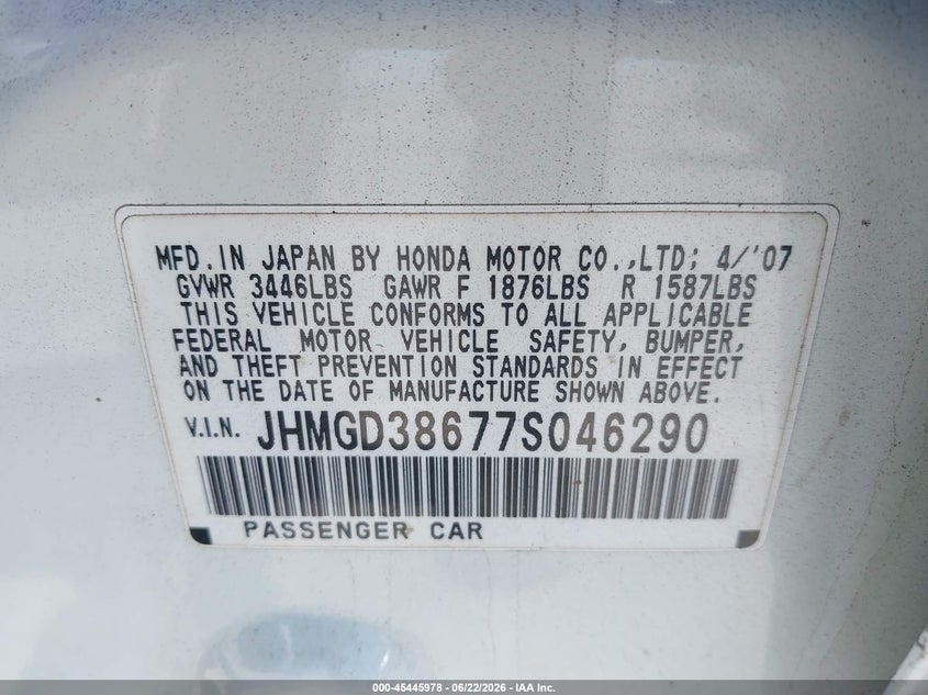 2007 Honda Fit VIN JHMGD38677S046290 IAAI salvage auction — FRONT END, Salvage (California), sold $700 on 2026-07-15 (photo 9)