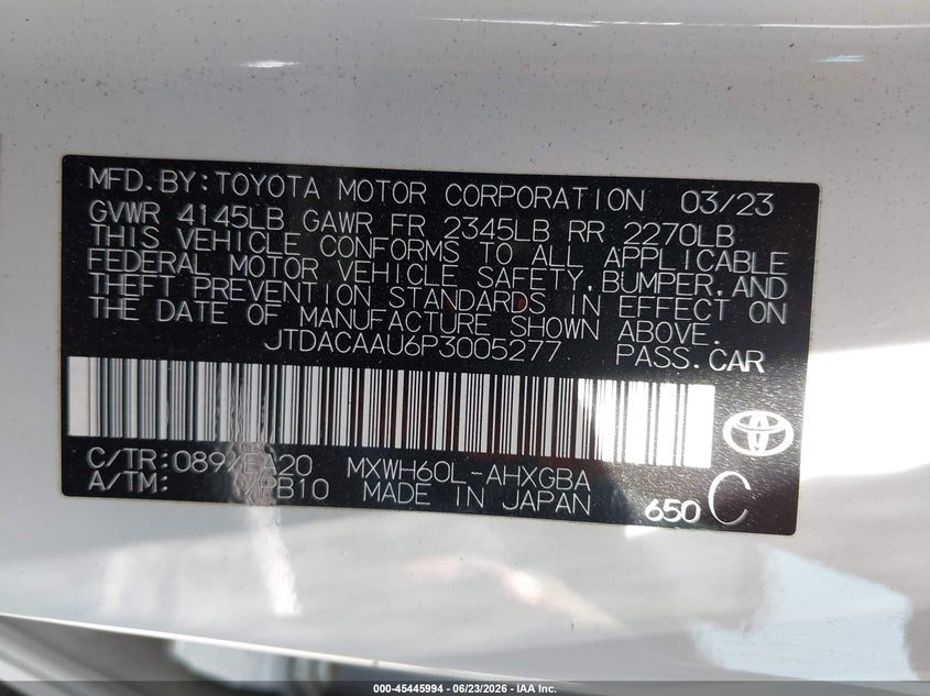 2023 Toyota Prius VIN JTDACAAU6P3005277 IAAI salvage auction — FRONT END, Salvage Title, sold $3,350 on 2026-07-21 (photo 9)
