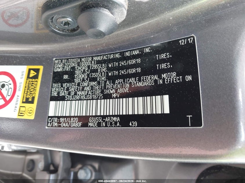 2018 Toyota Highlander VIN 5TDJZRFH9JS818725 IAAI salvage auction — SIDE, Salvage (Virginia), sold $7,100 on 2026-07-09 (photo 9)